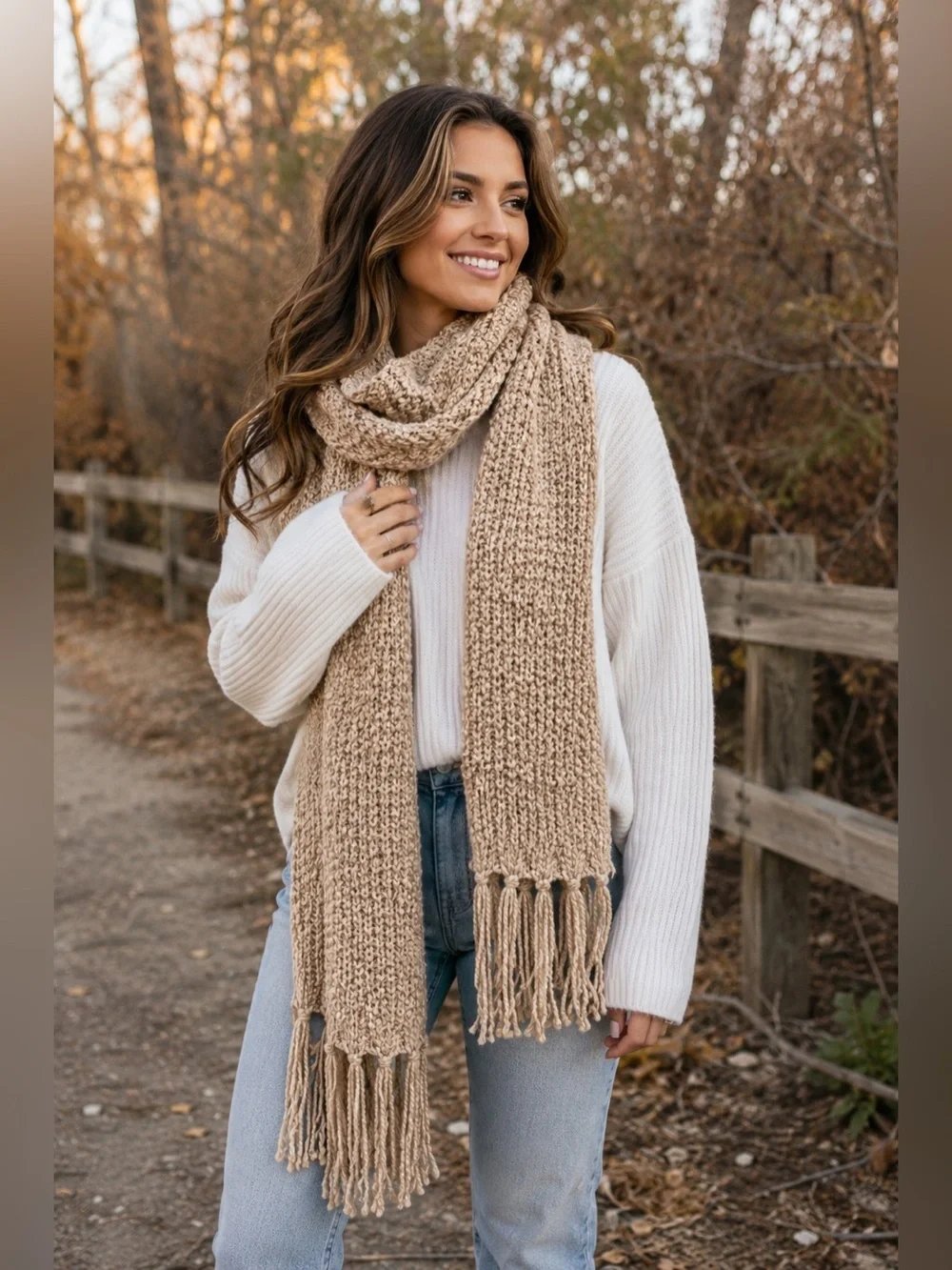 Extra Long Chunky Knit Scarf Wrap Tan Fringe Winter Boho 130x10